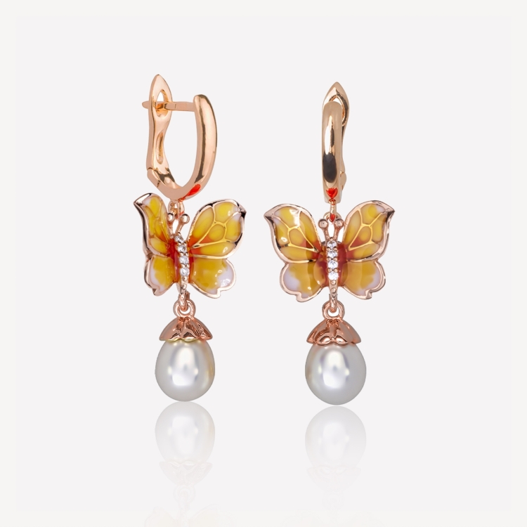 Earrings with yellow-orange butterflies and pearls