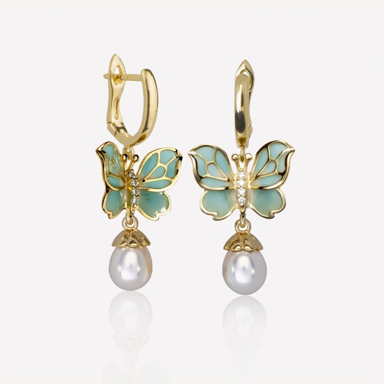 Earrings with turquoise butterflies and pearls