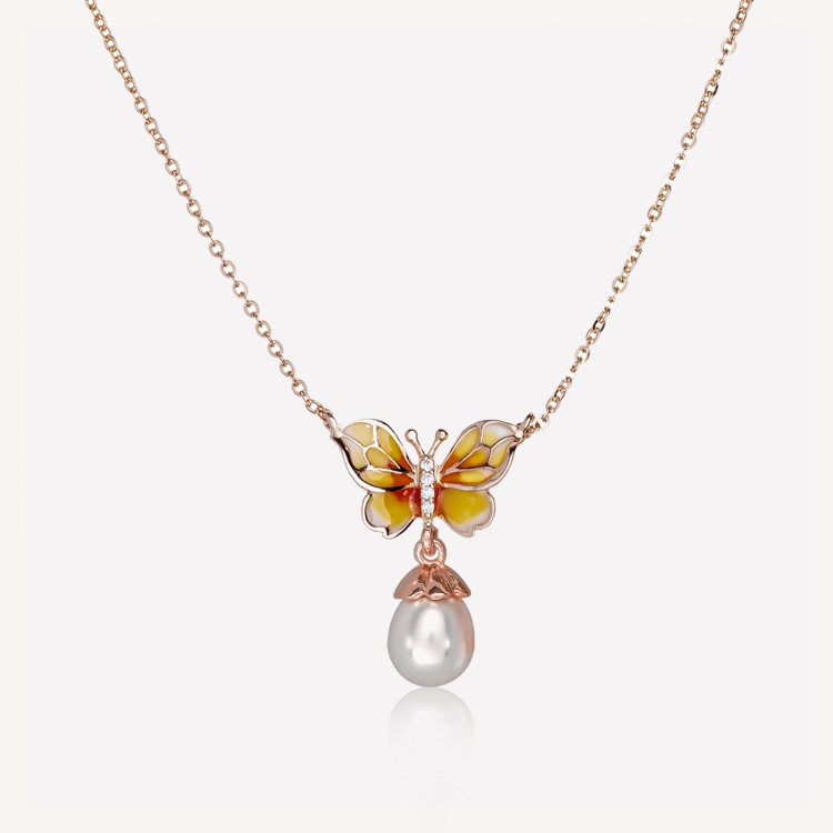 Necklace with yellow-orange butterfly and pearl