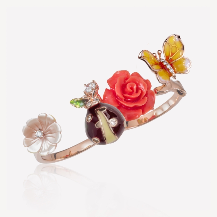Adjustable double ring with coral rose and butterlfy Adjustable double ring with coral rose and butterlfy
