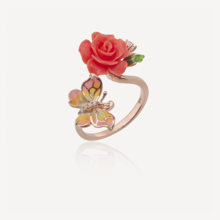 Adjustable ring with coral rose and butterfly