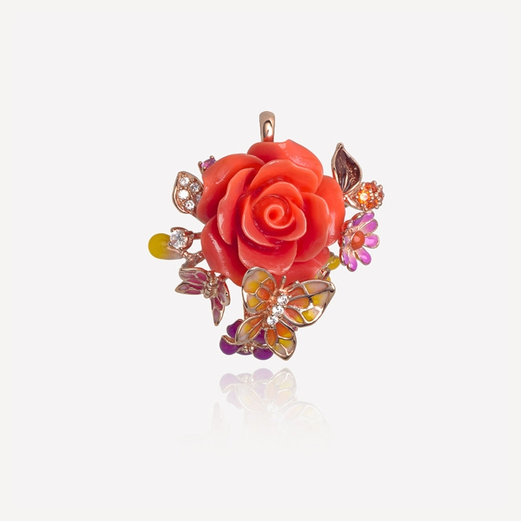 Brooch-pendant with coral rose and butterfly