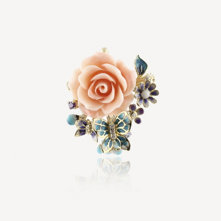 Brooch-pendant with pink rose and butterfly Brooch-pendant with pink rose and butterfly