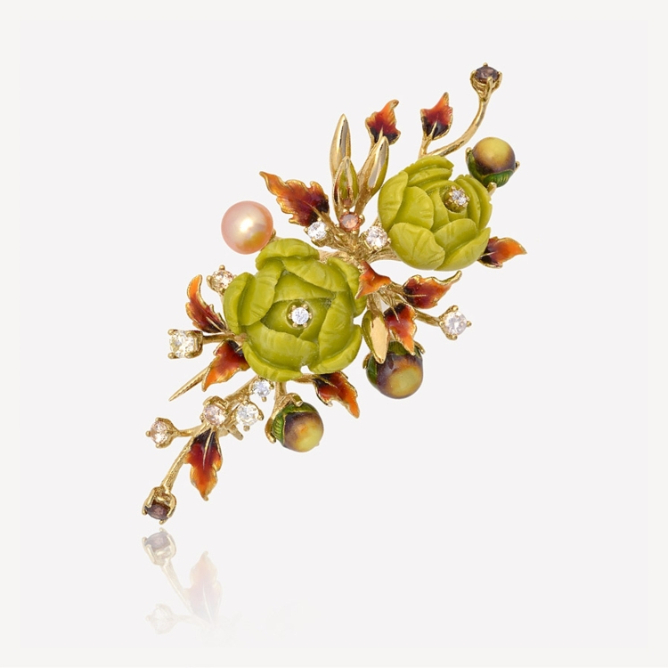 Brooch with green peonies