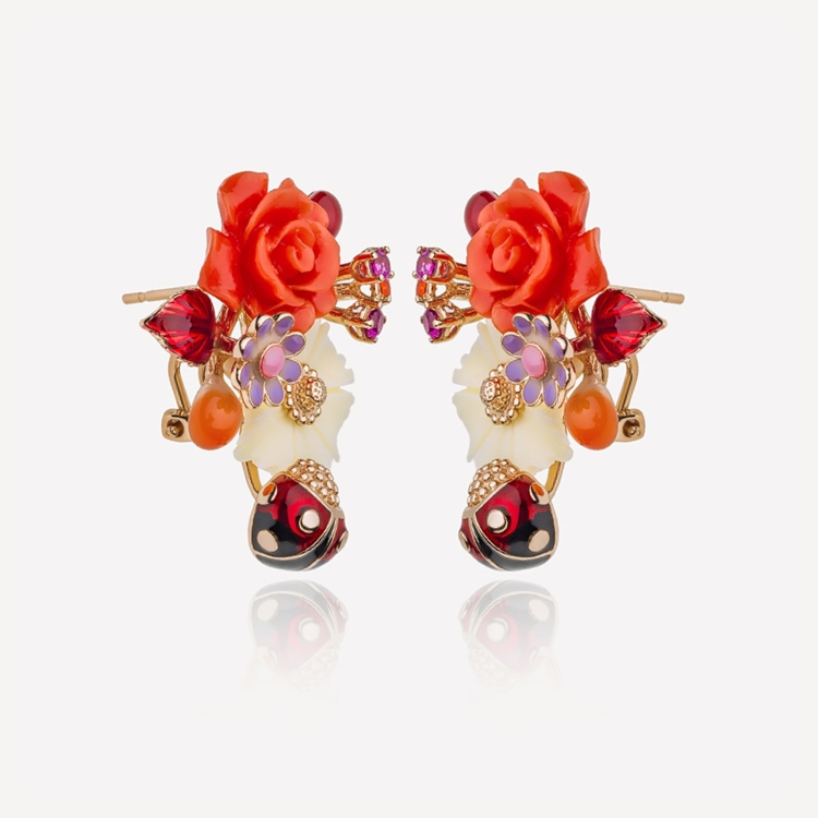 Earrings with coral roses and ladybugs