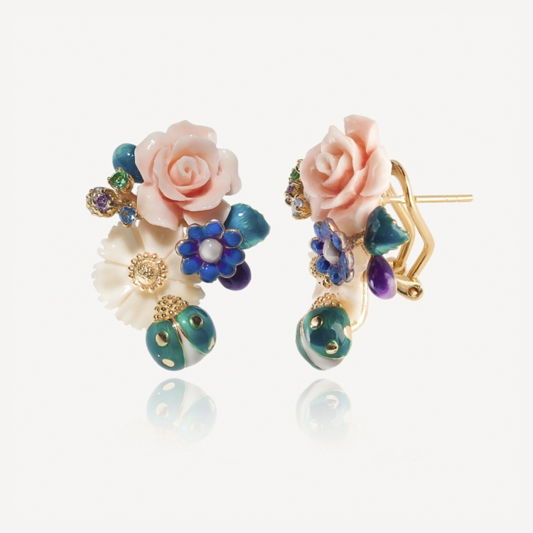 Earrings with pink roses and ladybugs