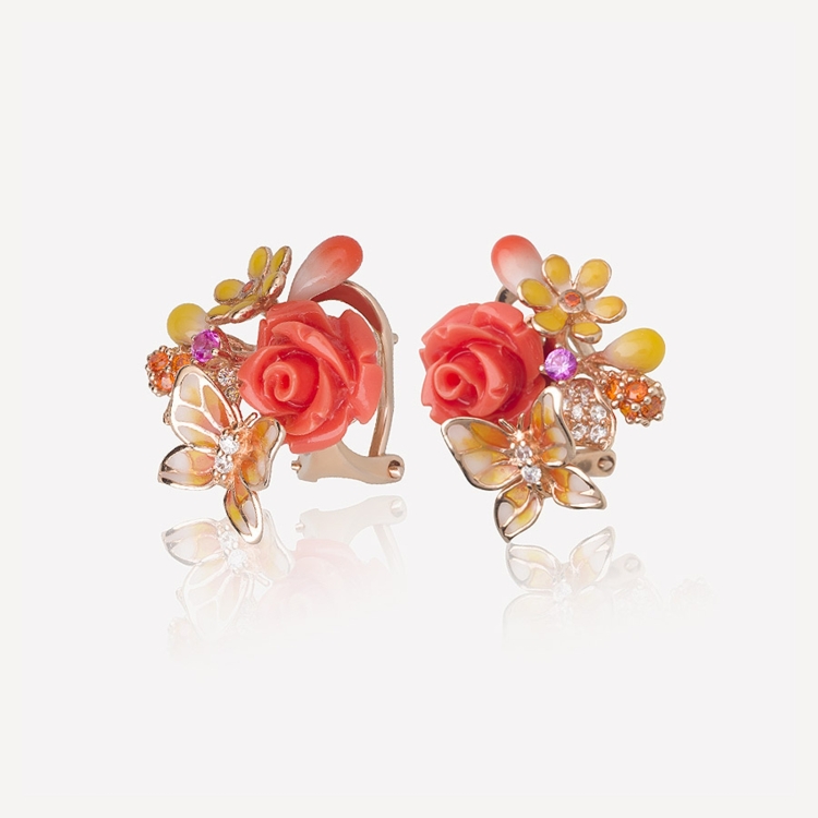 Earrings with coral roses and butterflies