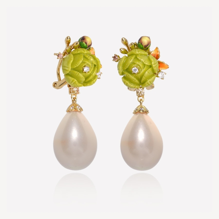 Earrings with green peonies and pearls