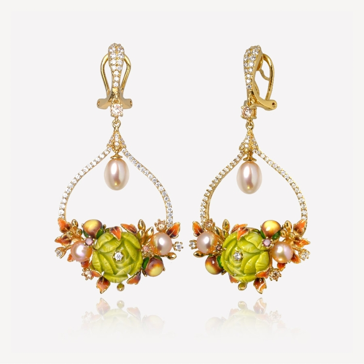 Earrings with green peonies