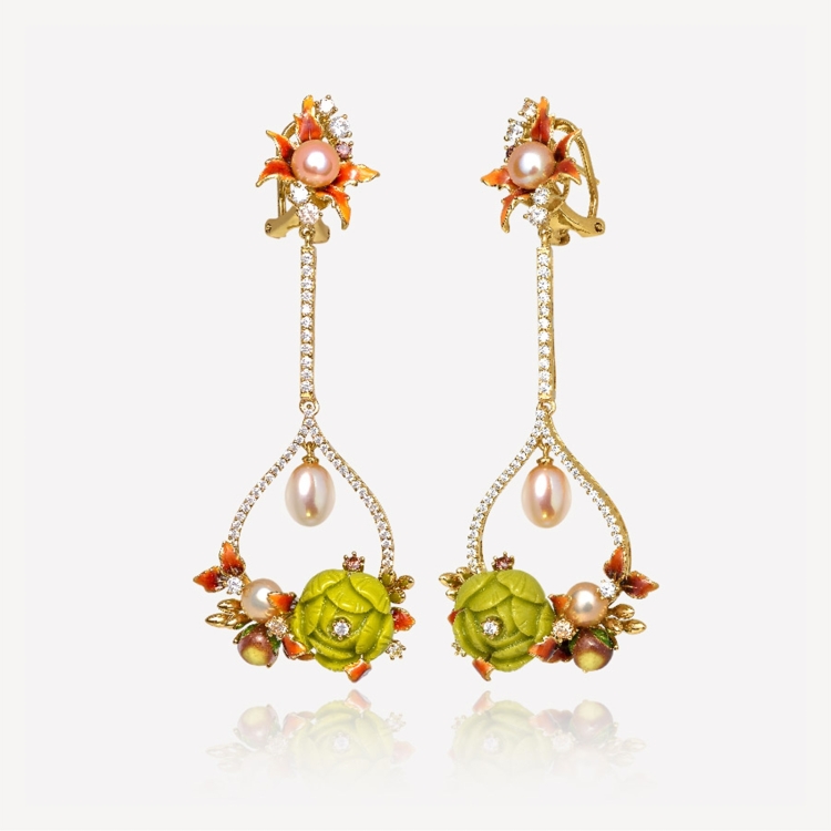Long earrings with green peonies