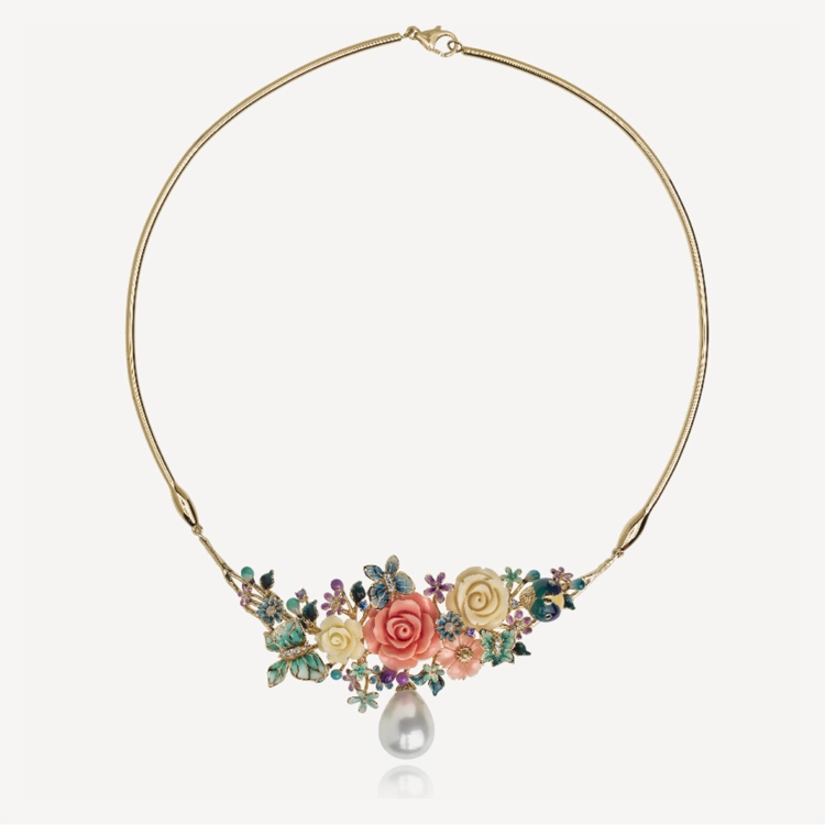 Necklace with pink roses and detachable pearl