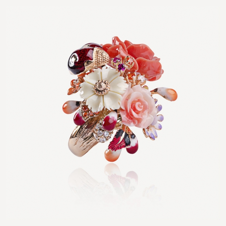 Ring with coral rose and ladybug