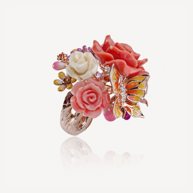 Ring with coral rose and butterfly