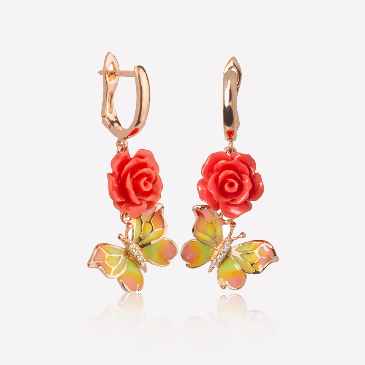 Earrings with coral roses and butterflies