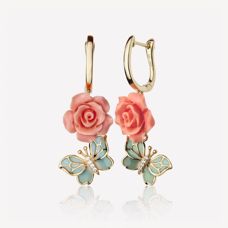 Earrings with pink roses and butterflies