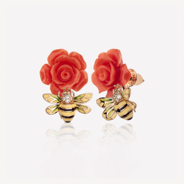 Earrings with coral roses and bees