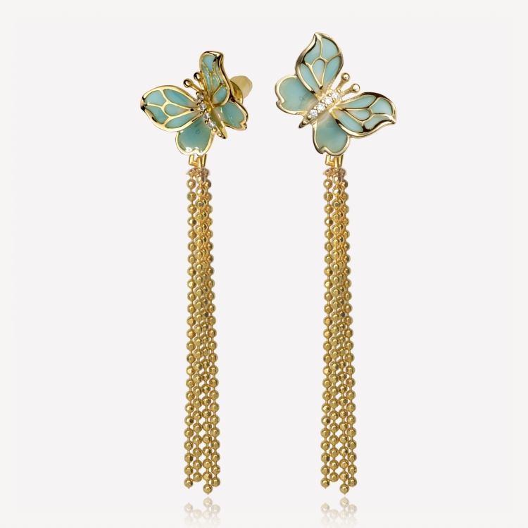 Earrings with turquoise butterflies and tassels